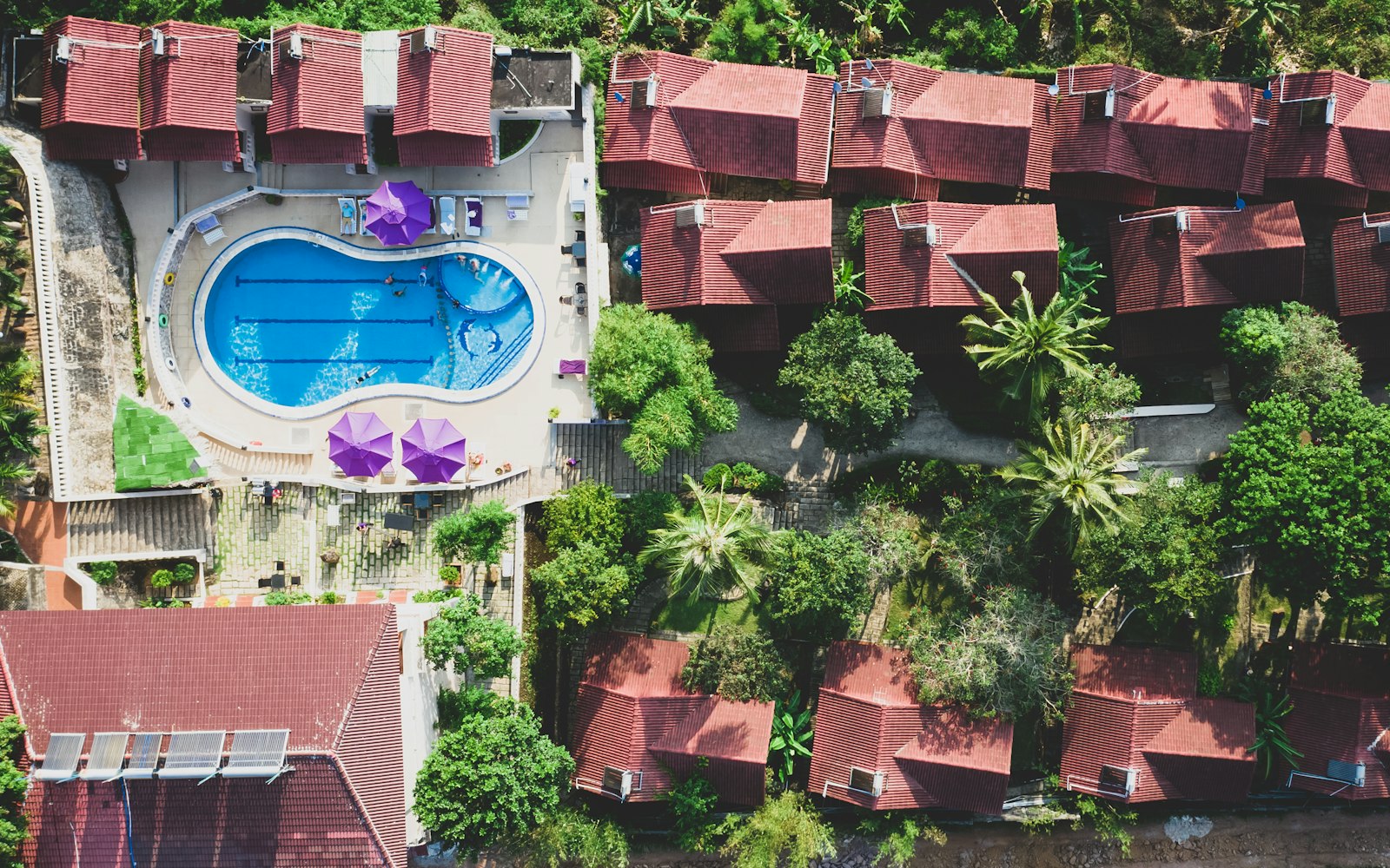 Aerial view of a hotel swimming pool, illustrating the 2026 shift toward destination hotels