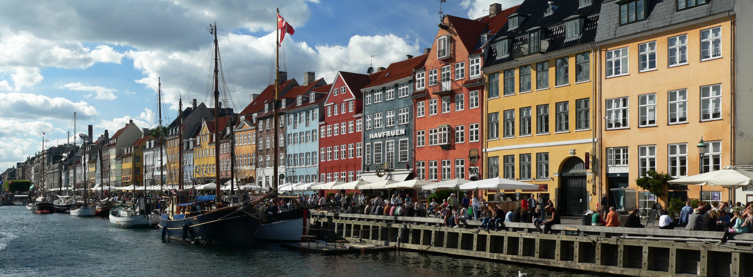 Panoramic view of Nyhavn harbor in Copenhagen near boutique hotel neighborhoods