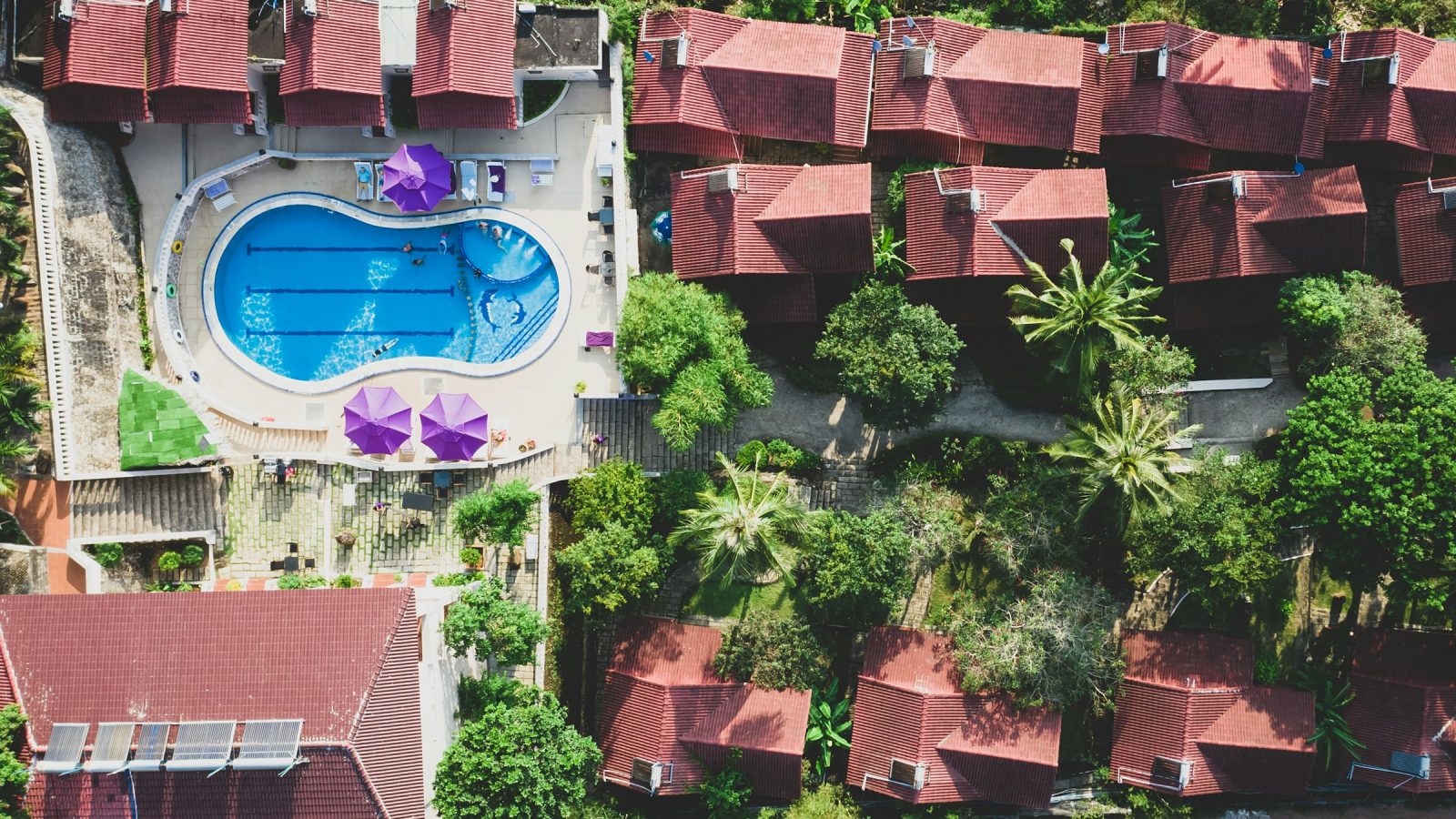 Top-down view of a resort pool, illustrating a hotel day pass staycation