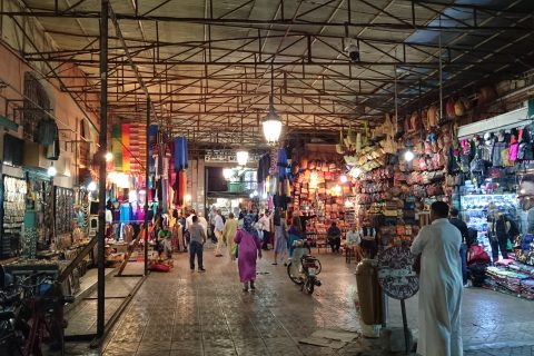 Food stalls lit up at night in Jemaa el-Fna square, Marrakech