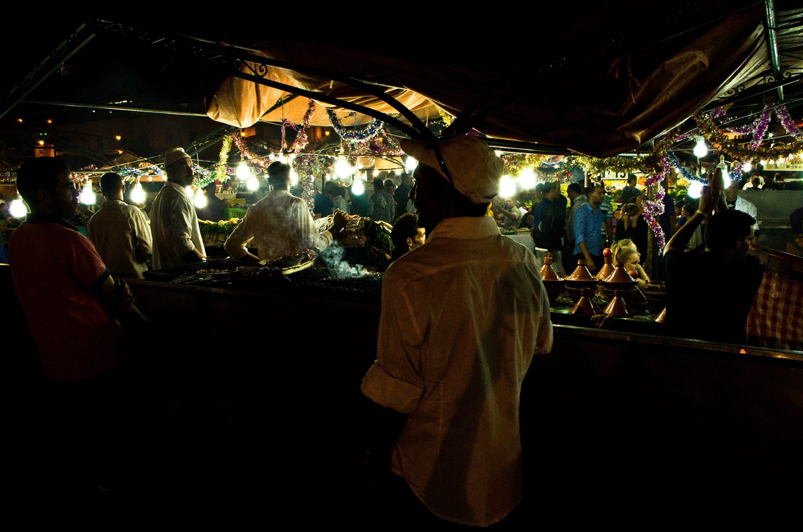 Restaurant seating around Jemaa el-Fna square in Marrakech