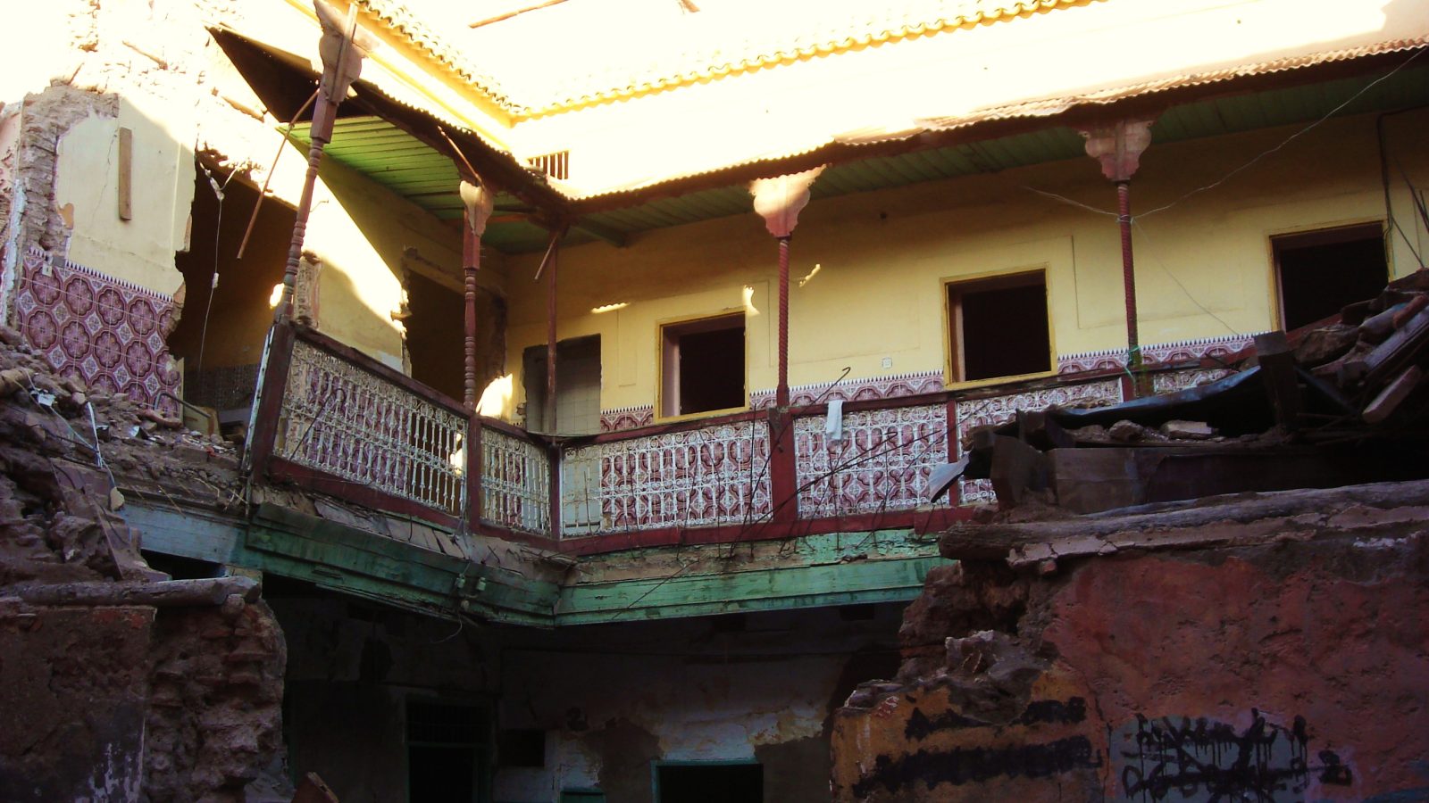 Traditional riad courtyard in Marrakech with an interior garden and tiled floor