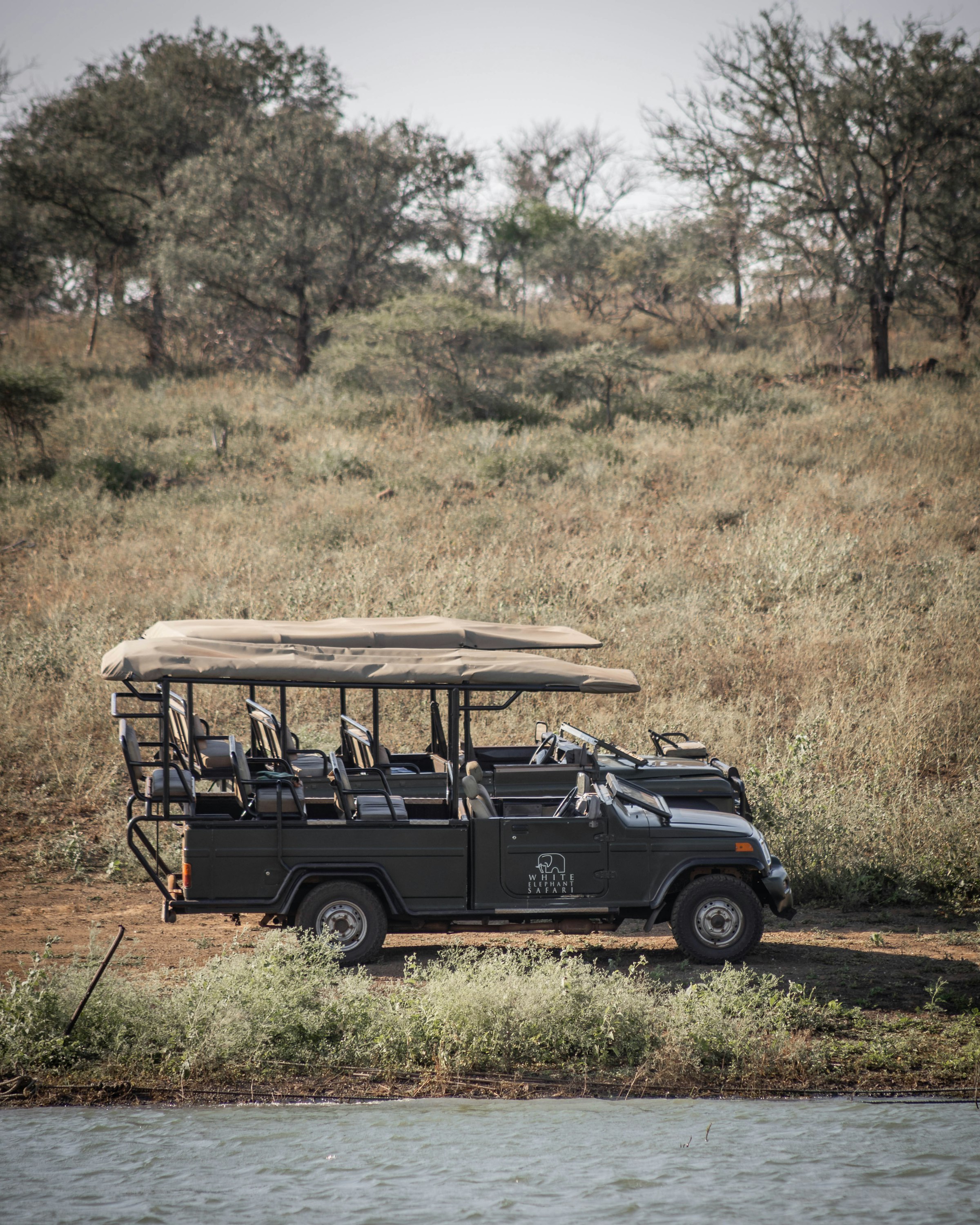 Open-sided safari vehicle used for a game drive in South Africa