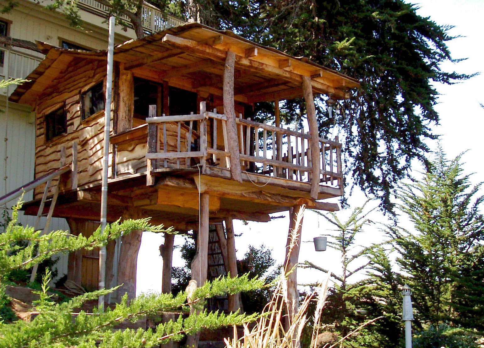 A wooden treehouse hotel structure built high in the forest canopy