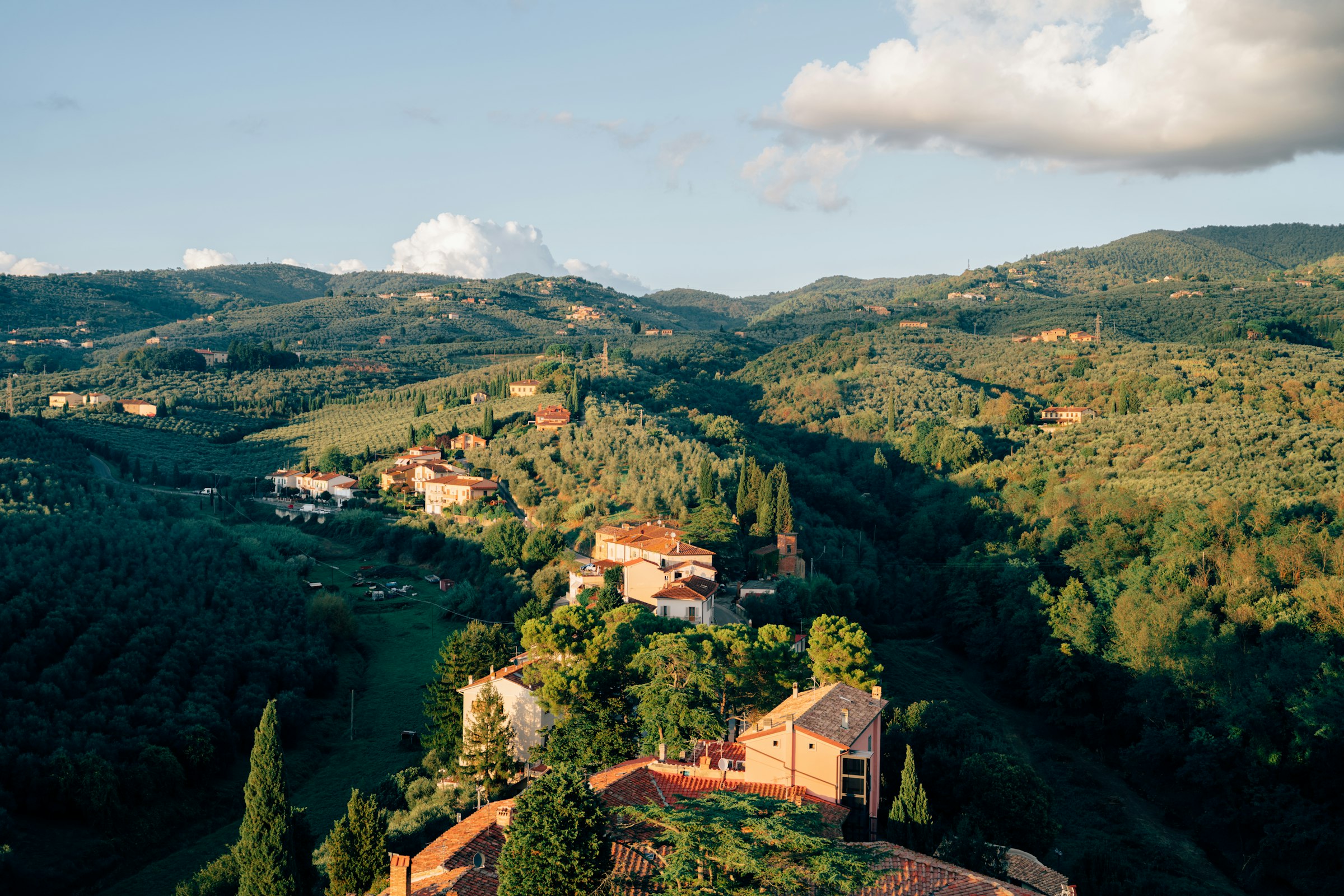 Tuscan hill village surrounded by vineyards at sunset in a European wine region