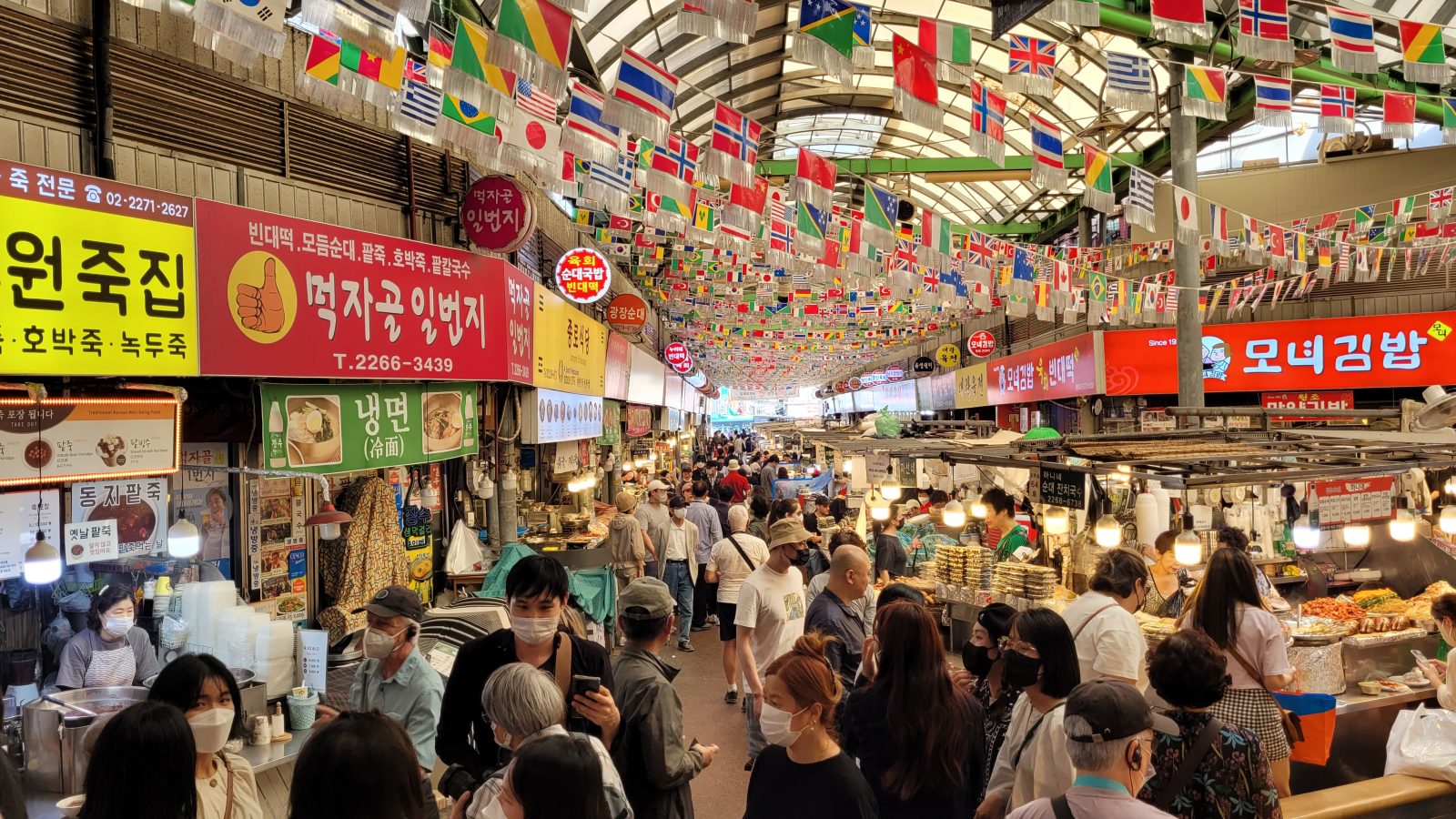 Food stalls at Gwangjang Market, a top stop for where to eat in Seoul