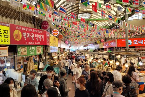 Food stalls at Gwangjang Market, a top stop for where to eat in Seoul